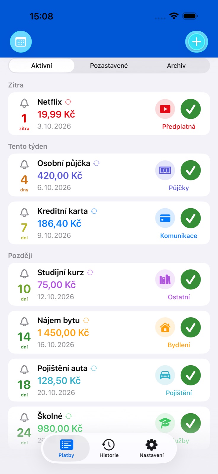Plánovač plateb BillsOn