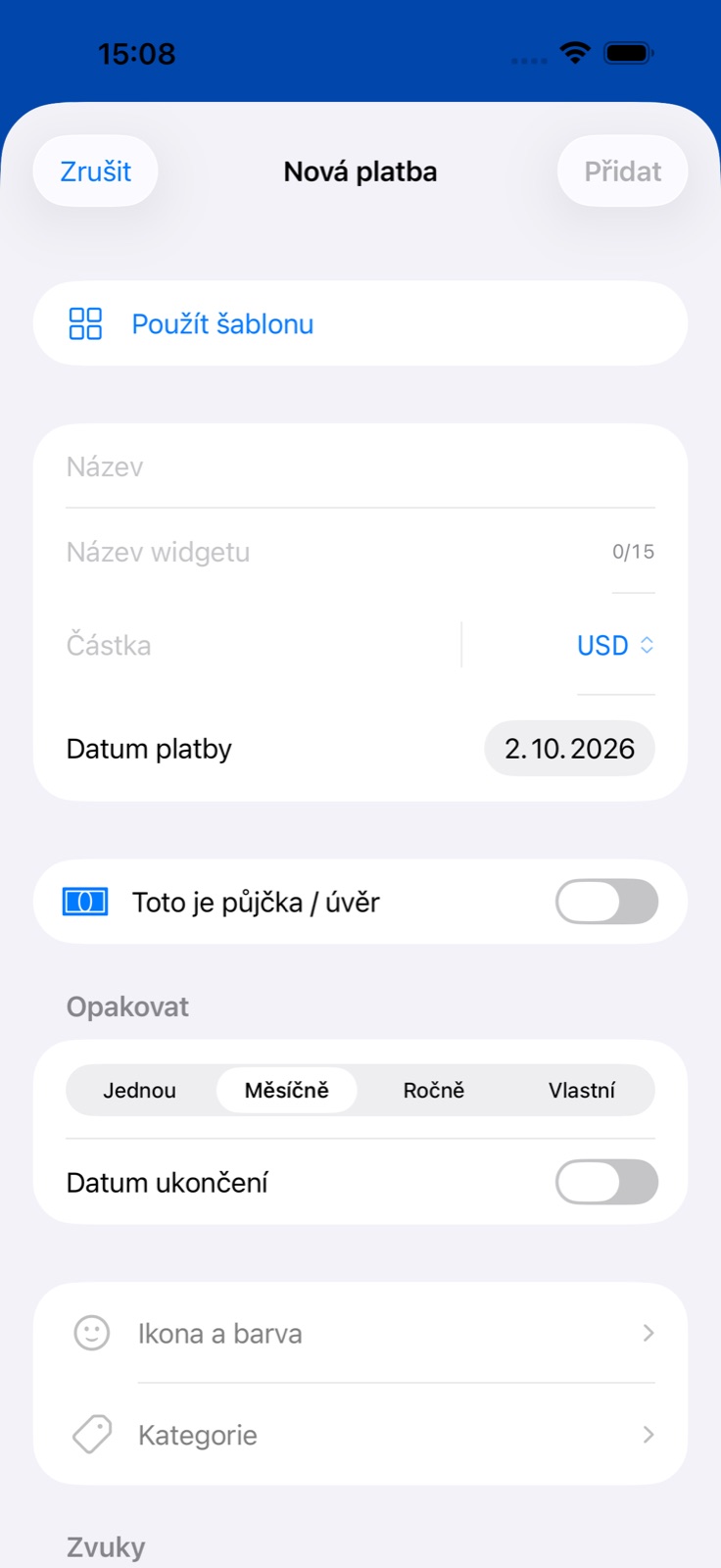 Obrazovka přidání platby v BillsOn