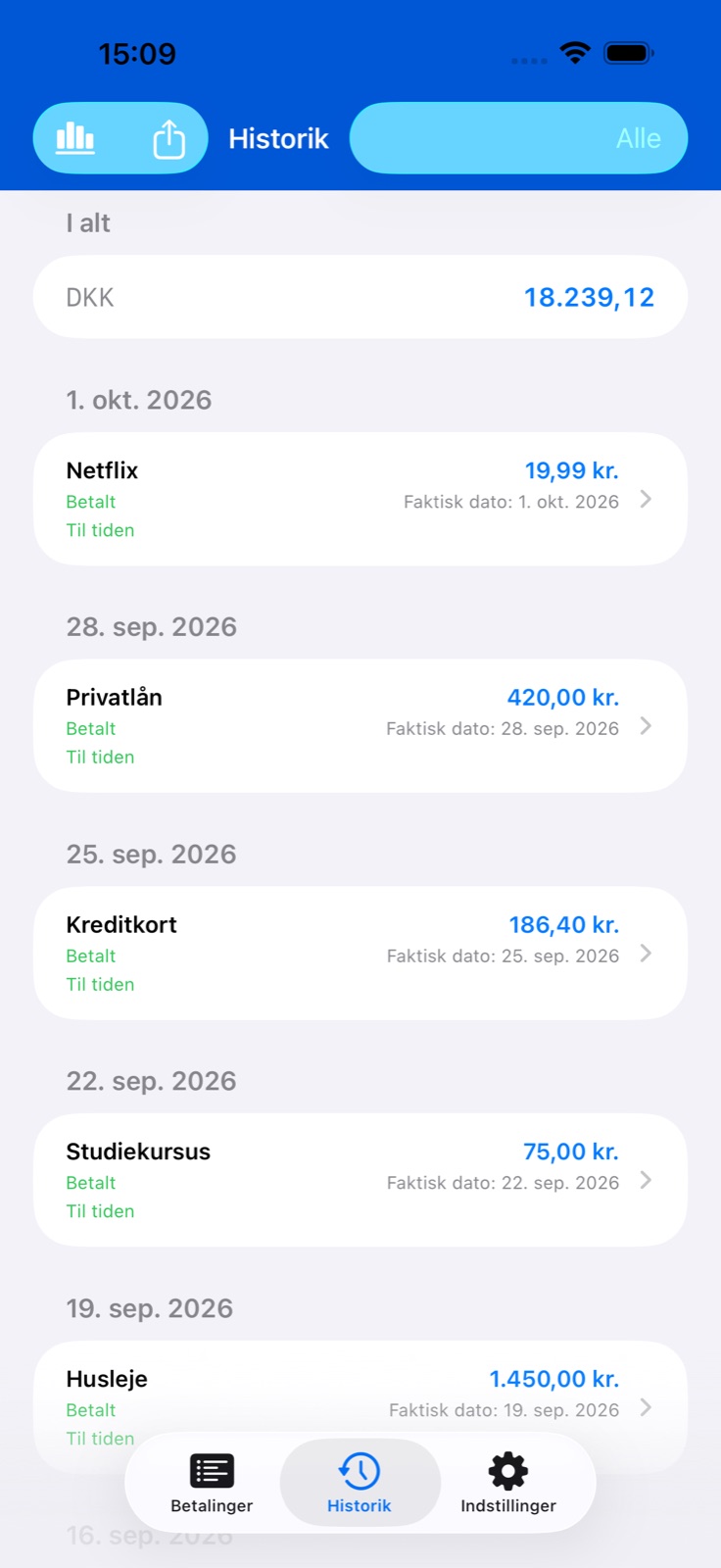 Skærm i BillsOn-appen