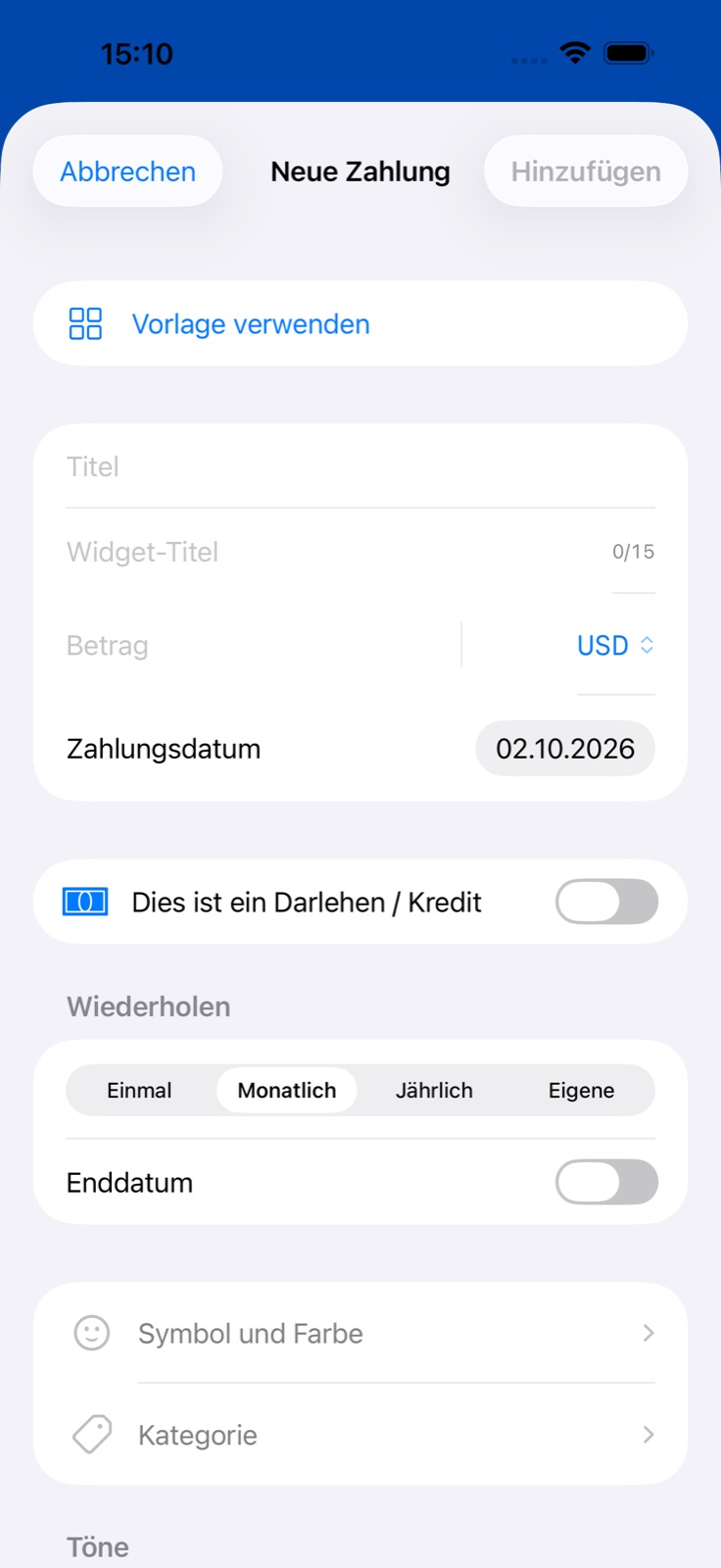 BillsOn: Zahlung hinzufügen