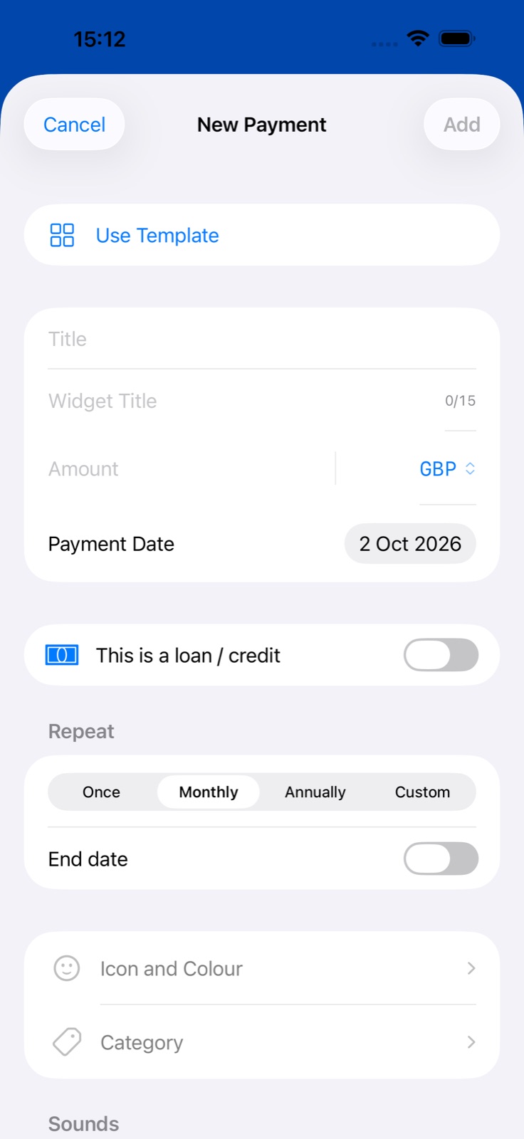The BillsOn Add Payment screen