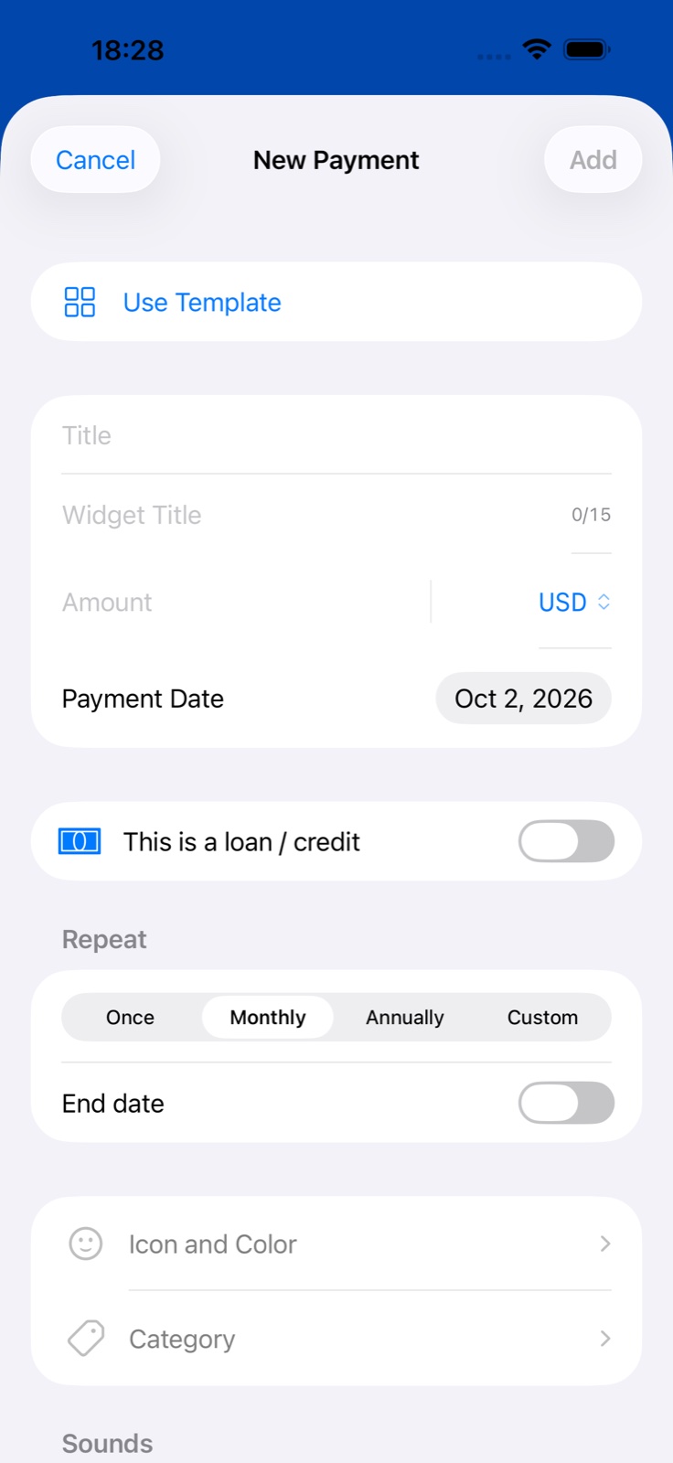 The BillsOn Add Payment screen