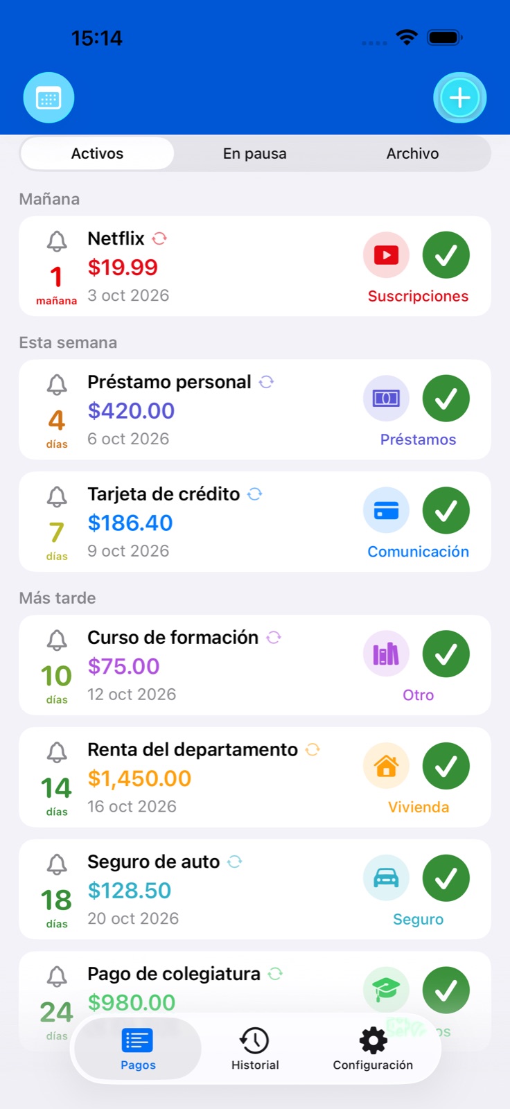 Pagos y recordatorios BillsOn