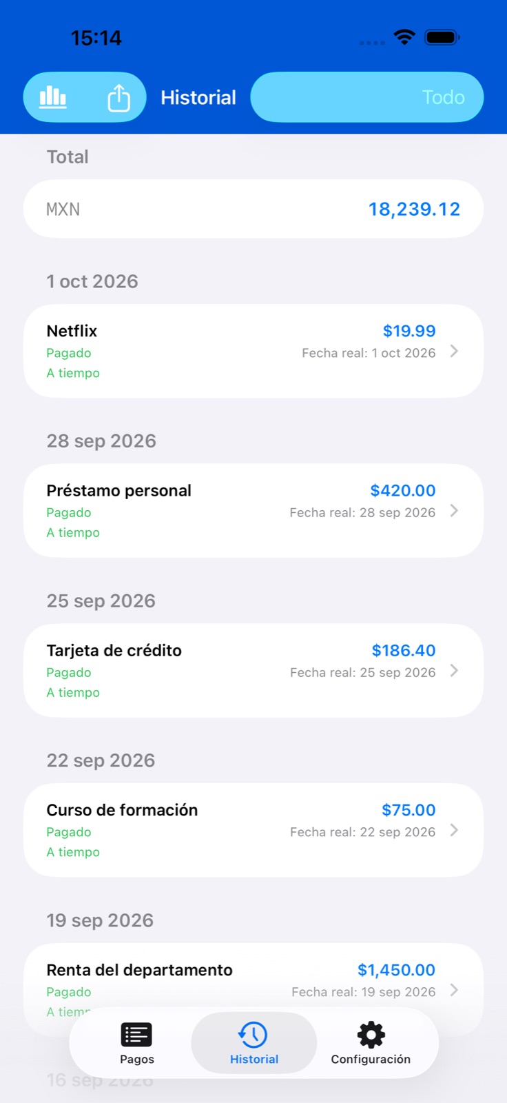 Pantalla de la app BillsOn