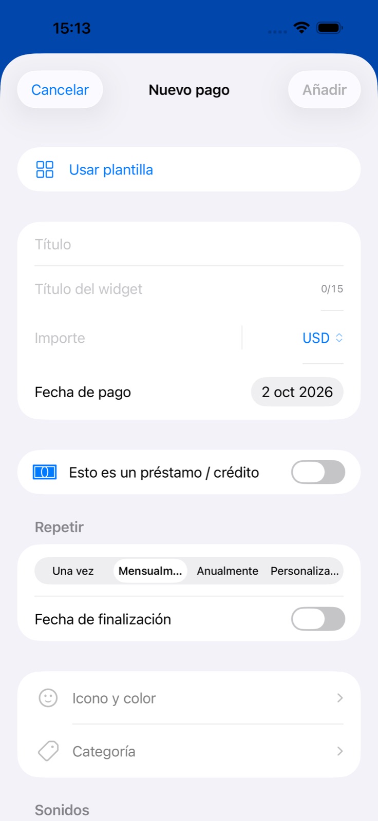 Pantalla de añadir un pago en BillsOn