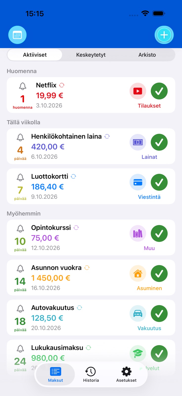 Laskumuistutin BillsOn