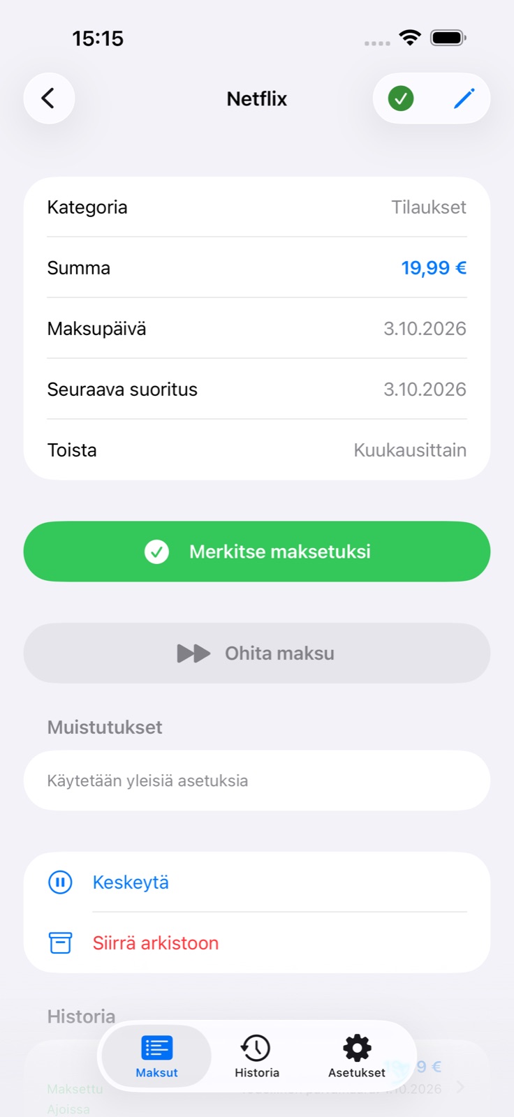 Maksun tiedot