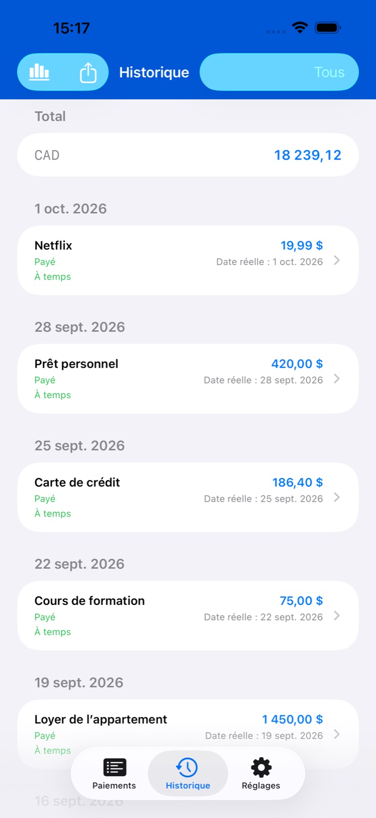 Écran de l’application BillsOn