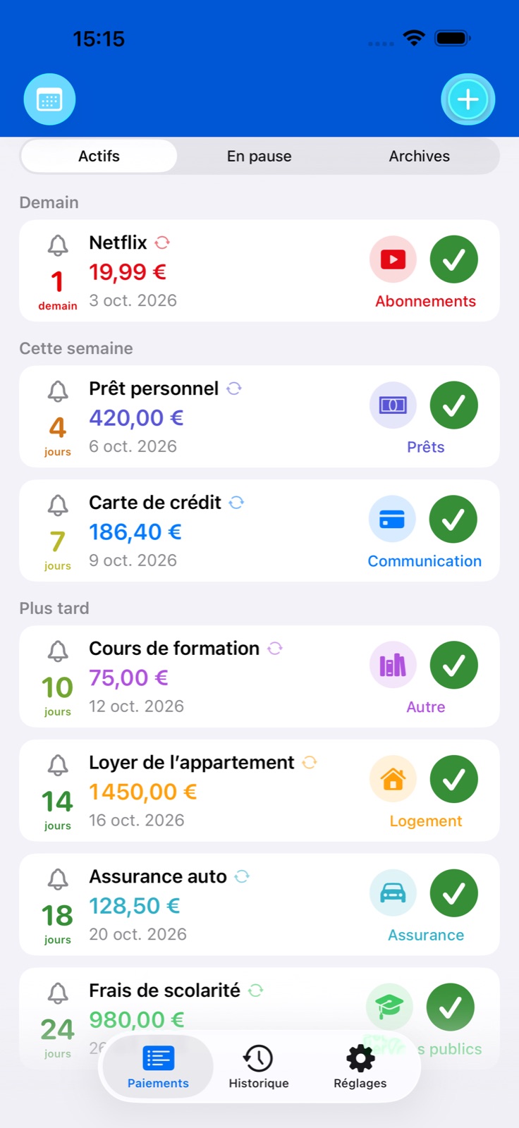 Rappels de paiement BillsOn