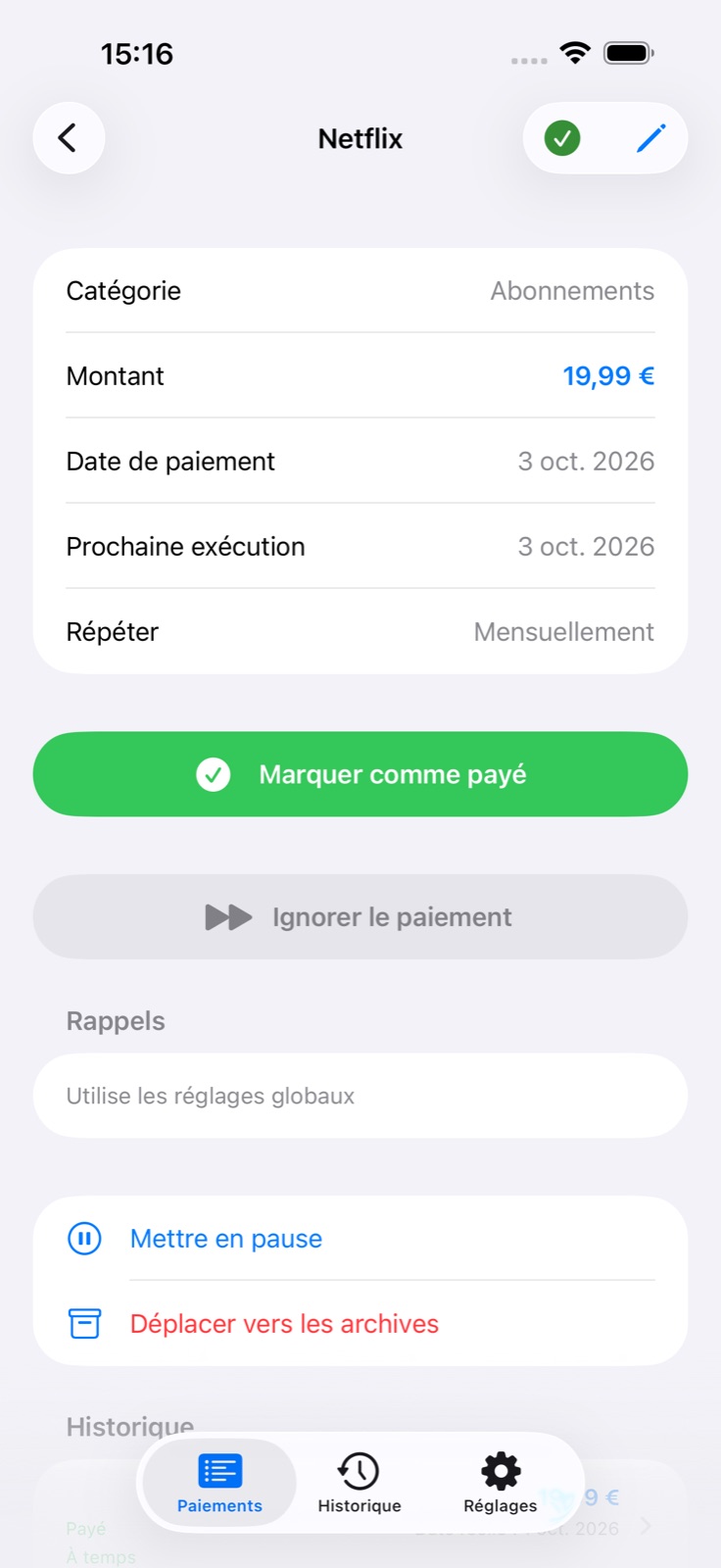 Détails du paiement