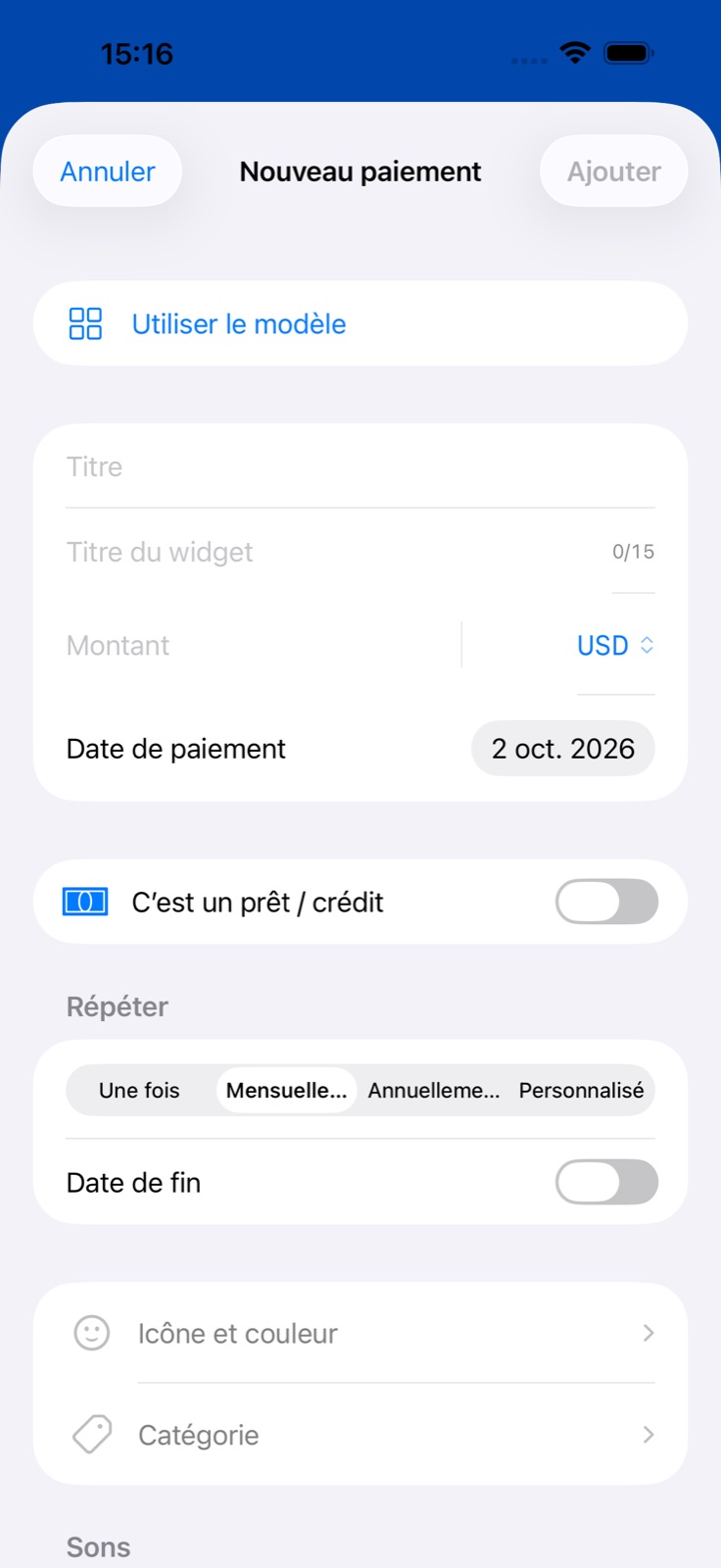 Écran d’ajout d’un paiement dans BillsOn