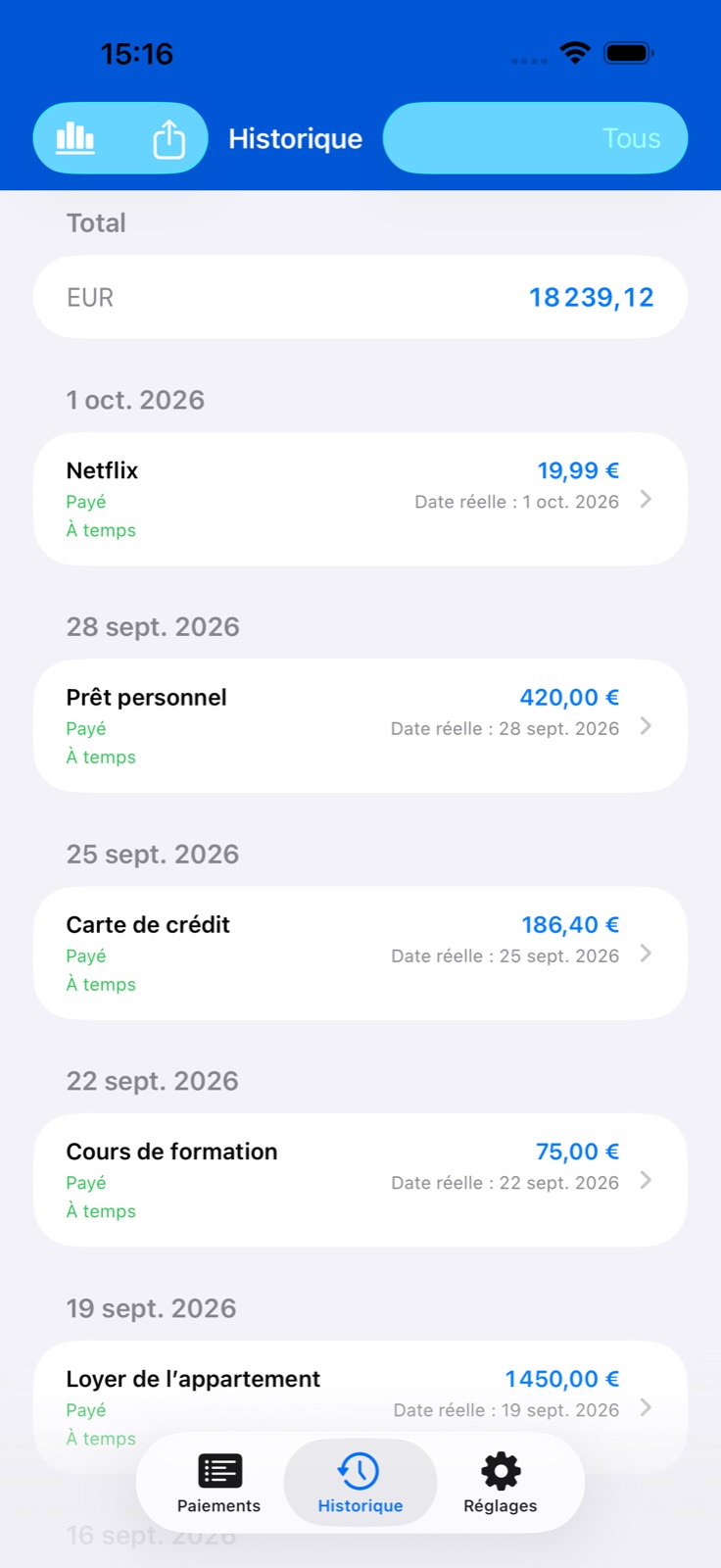 Écran de l’application BillsOn