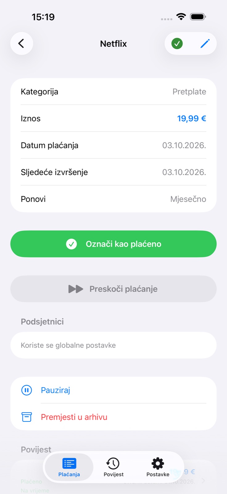 Detalji plaćanja i radnje