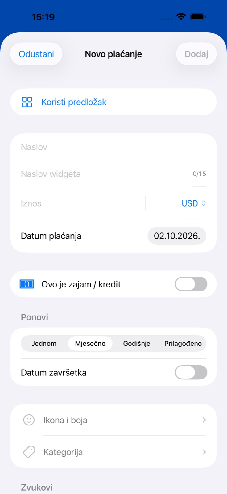 Zaslon za dodavanje plaćanja u BillsOnu