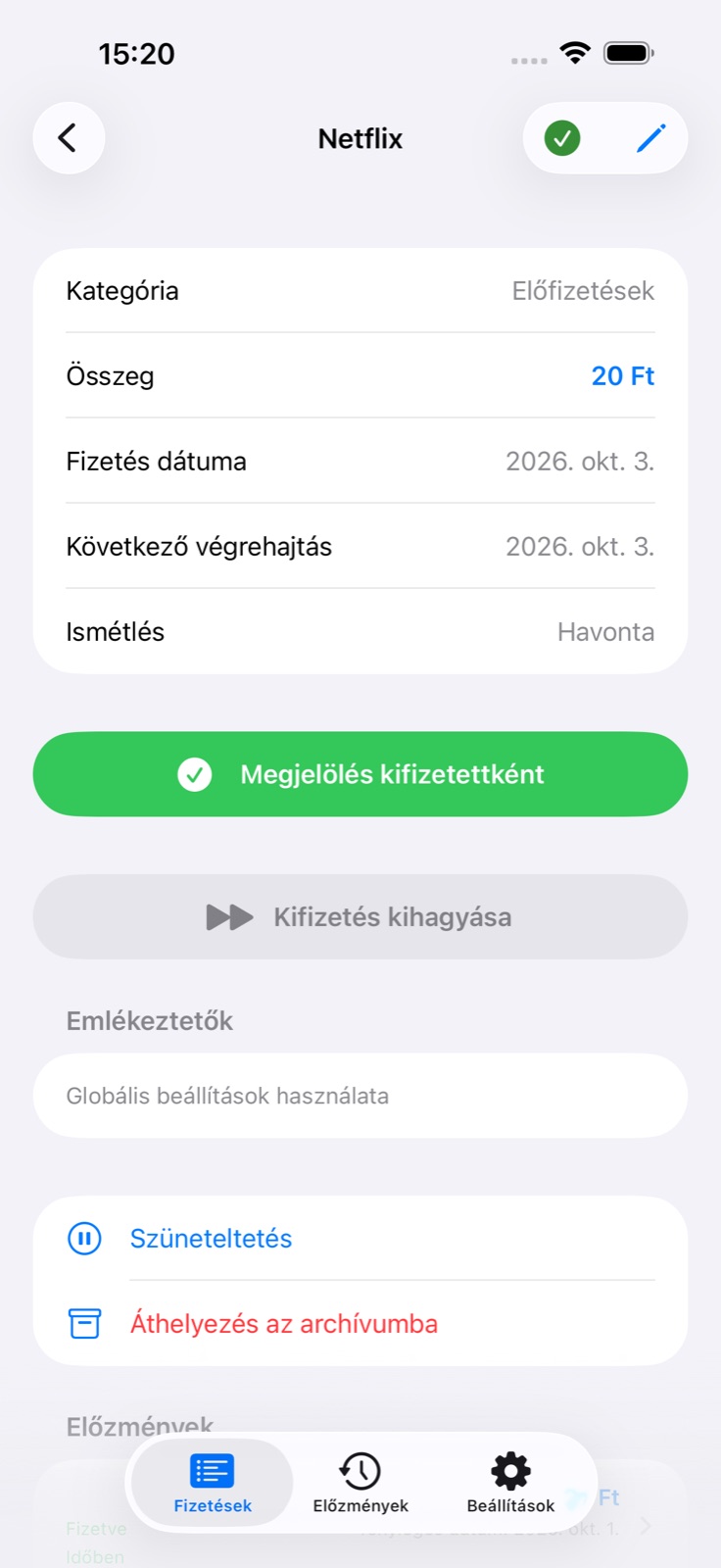 A fizetés részletei