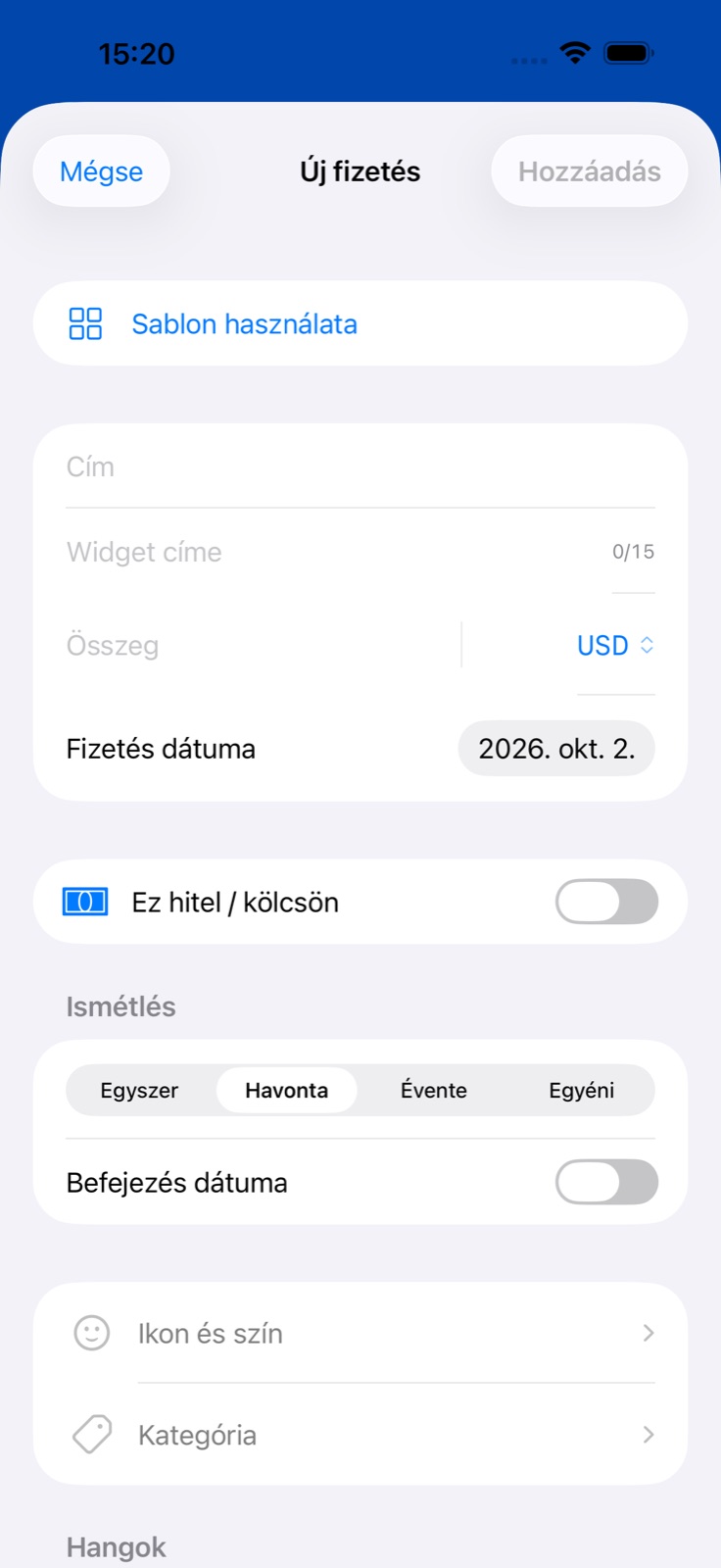 A BillsOn Fizetés hozzáadása képernyője