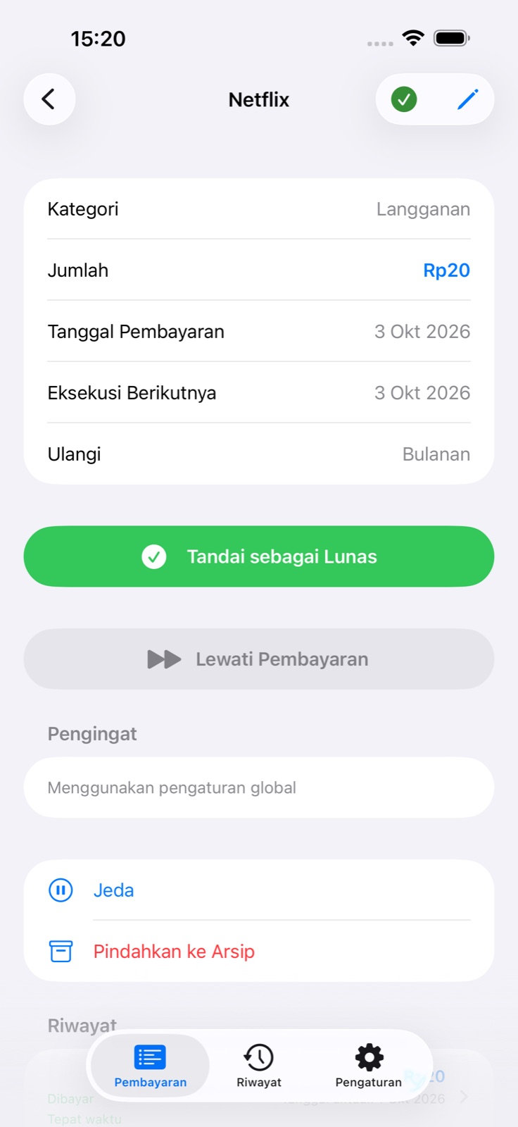 Rincian dan tindakan pembayaran