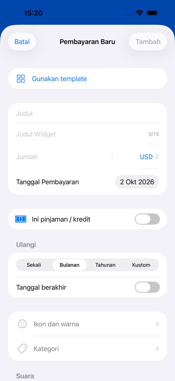 Layar Tambah Pembayaran di BillsOn