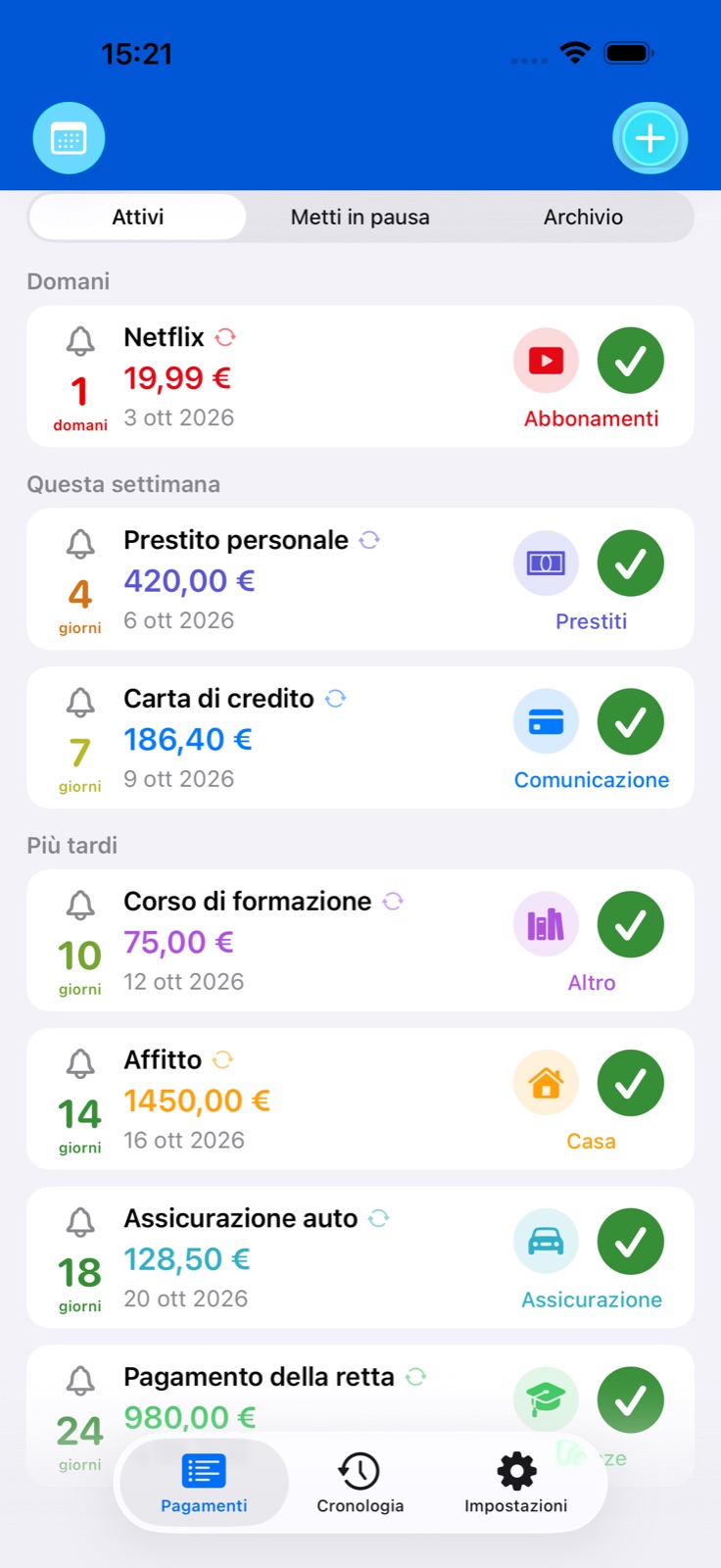 Pagamenti e promemoria BillsOn