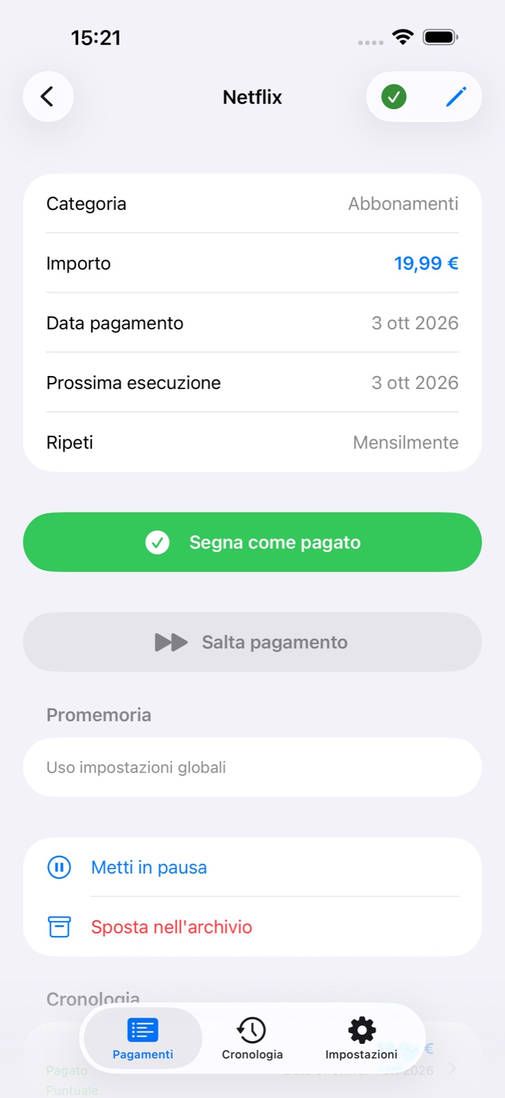 Dettagli del pagamento