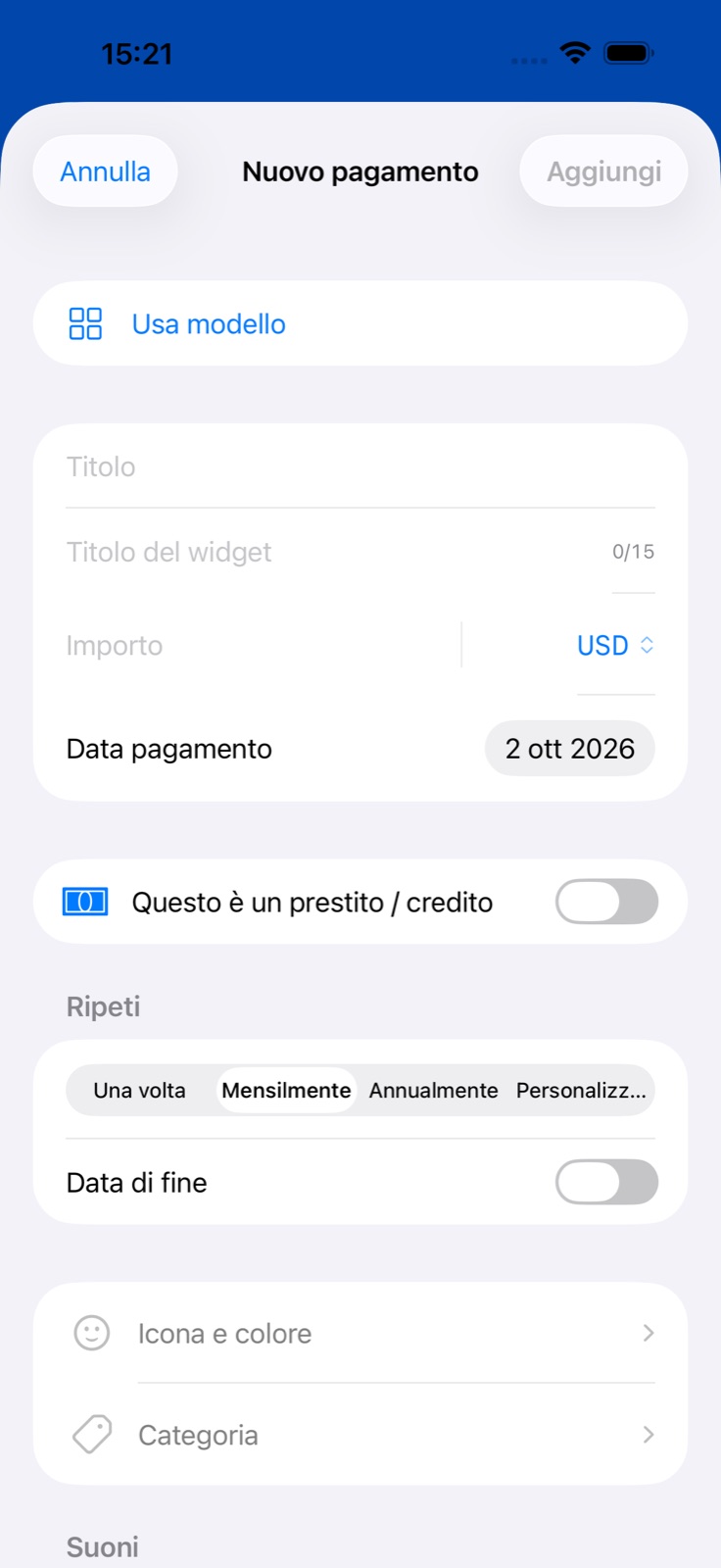 Schermata di aggiunta del pagamento in BillsOn