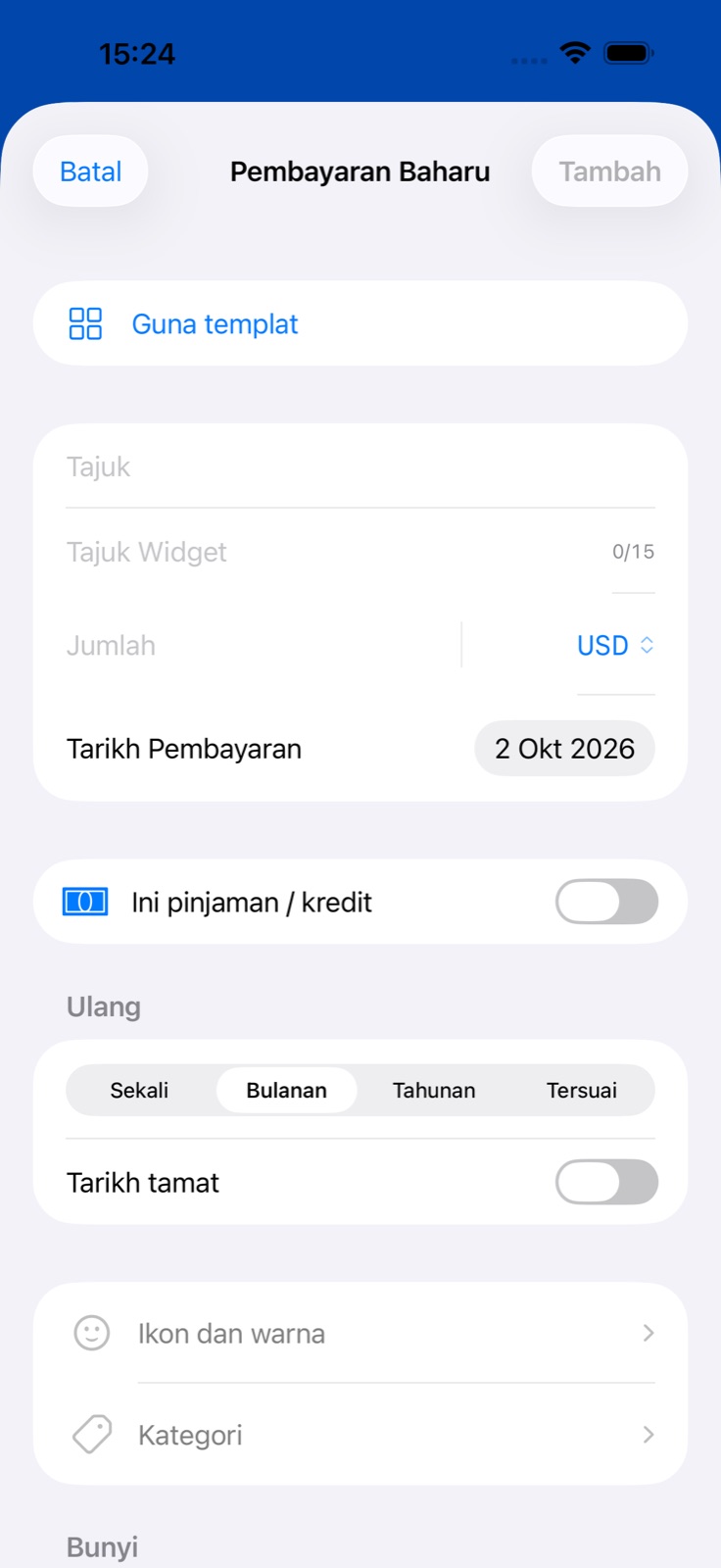 Skrin Tambah Pembayaran BillsOn