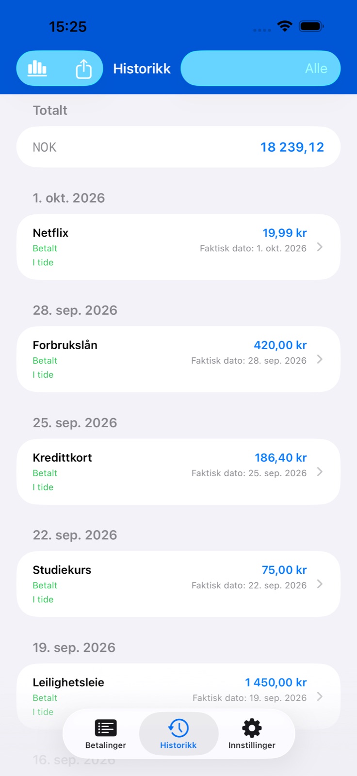 Skjerm i BillsOn-appen