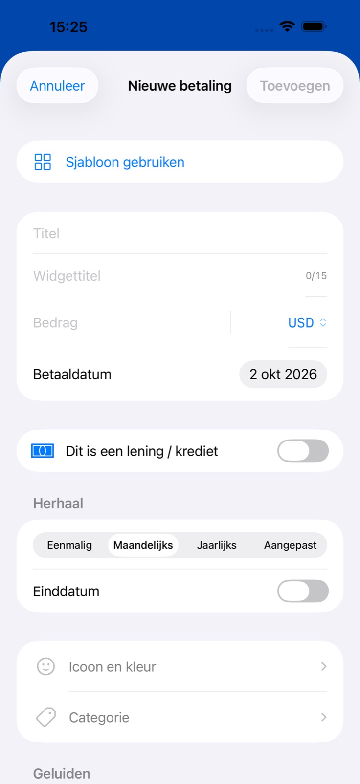 Het scherm Betaling toevoegen in BillsOn