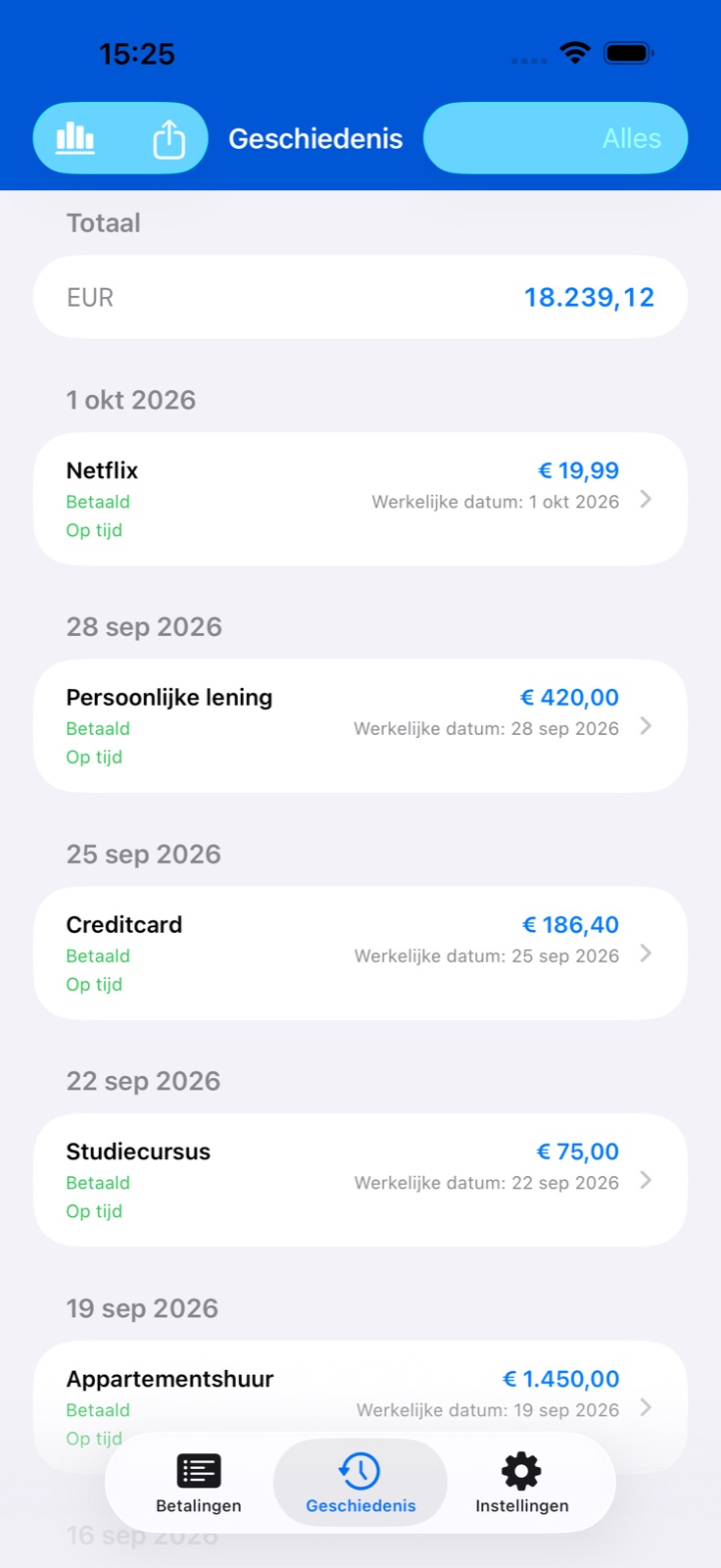 Scherm van de BillsOn-app