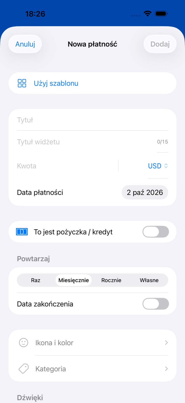 Ekran dodawania płatności w BillsOn