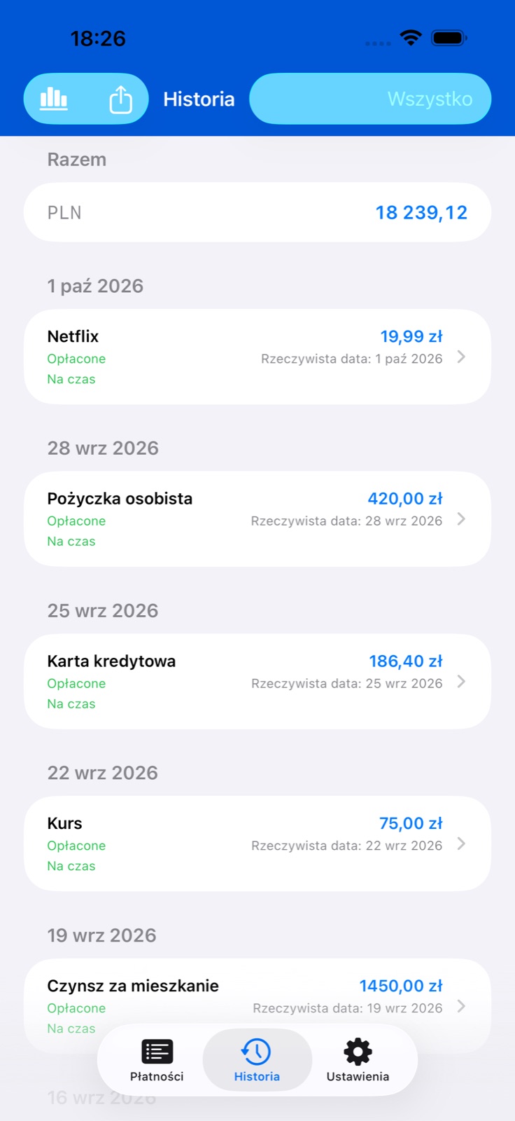 Ekran aplikacji BillsOn