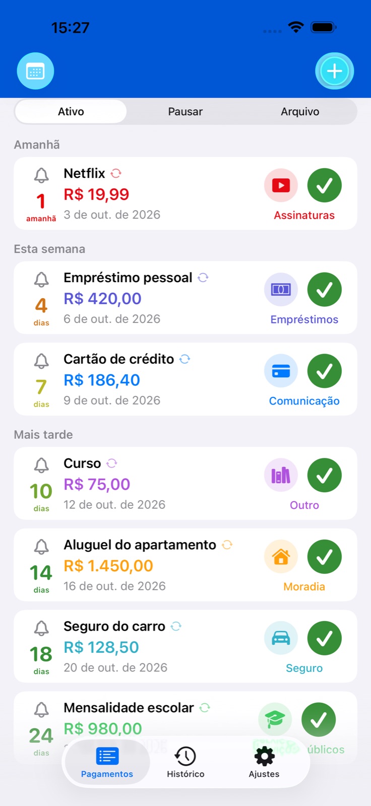 Contas e lembretes BillsOn
