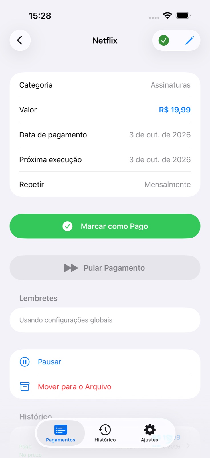 Detalhes do pagamento