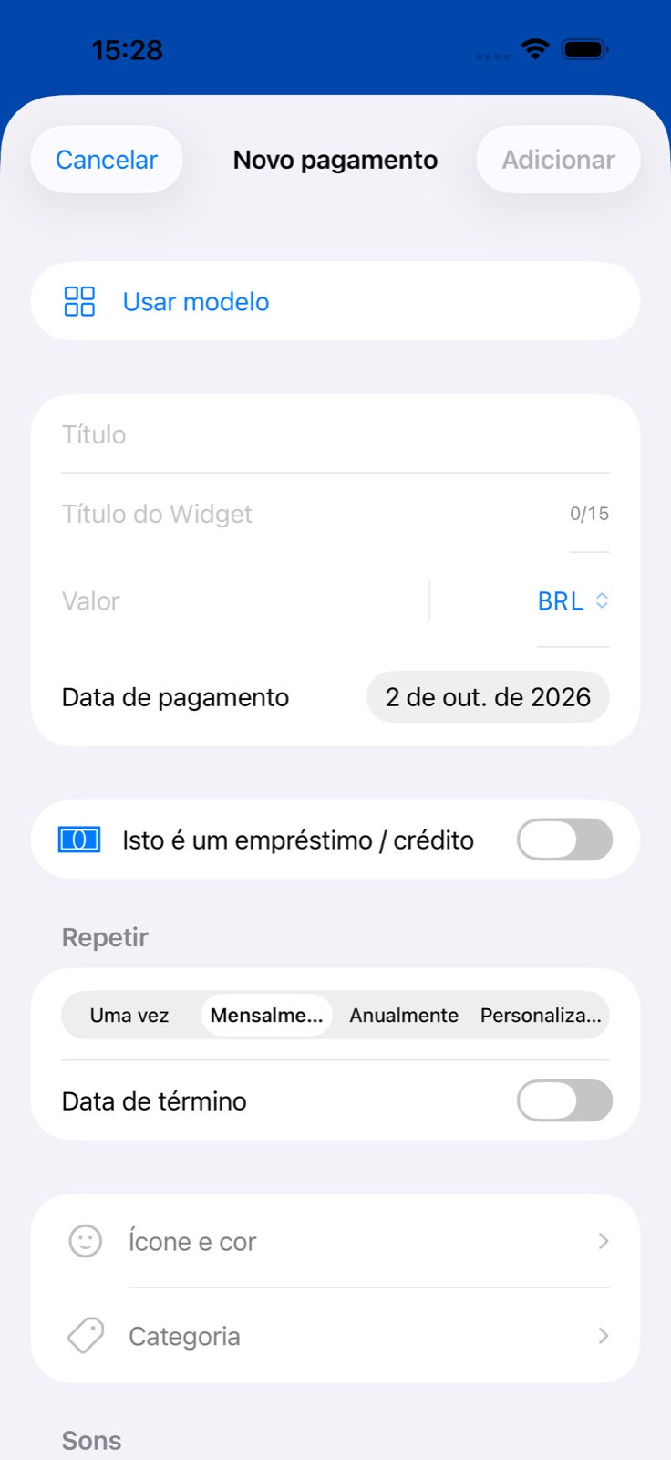 Tela de adicionar um pagamento no BillsOn