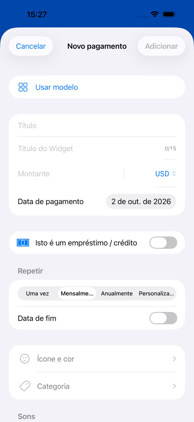 Ecrã de adicionar um pagamento no BillsOn