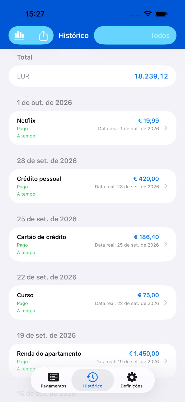Ecrã do app BillsOn