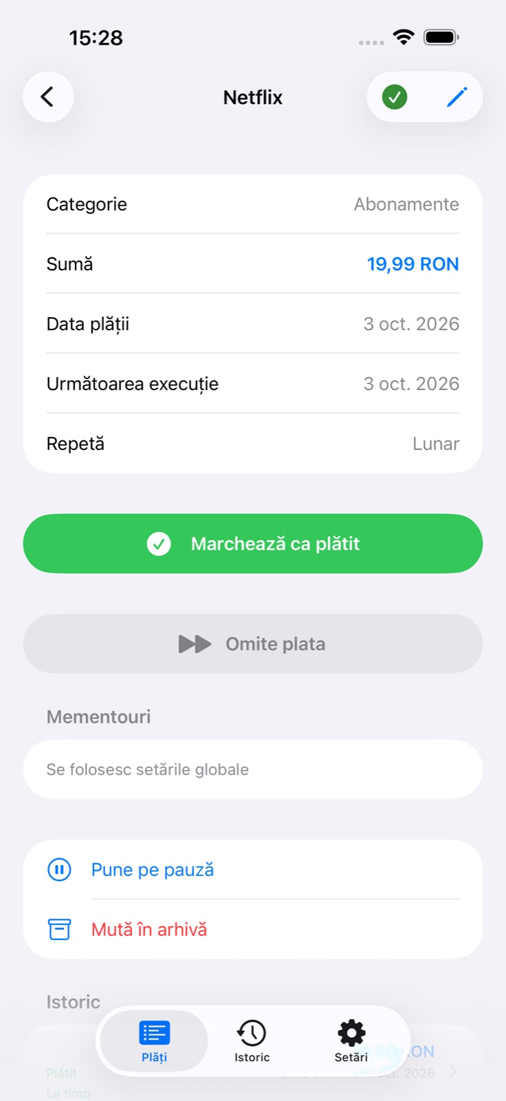 Detaliile plății