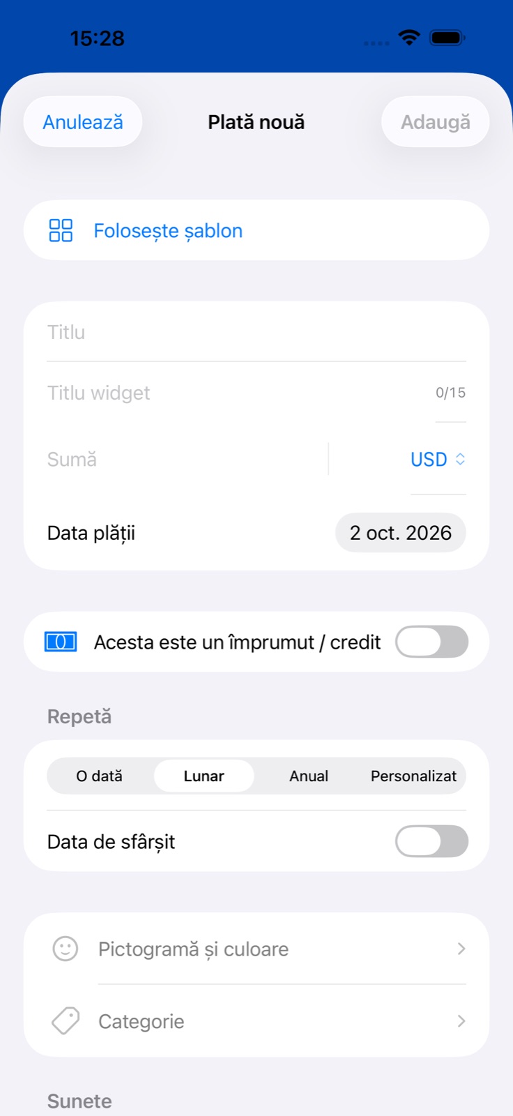 Ecranul de adăugare a plății în BillsOn