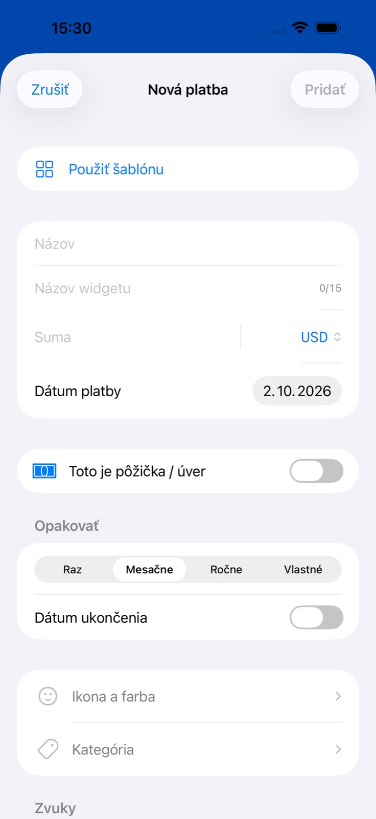 Obrazovka pridania platby v BillsOn