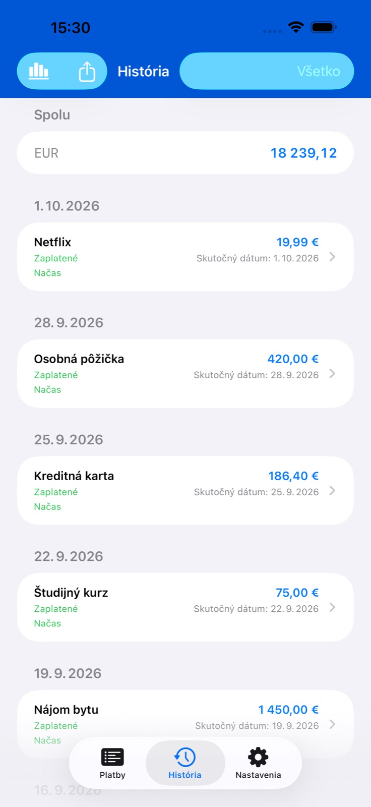 Obrazovka aplikácie BillsOn