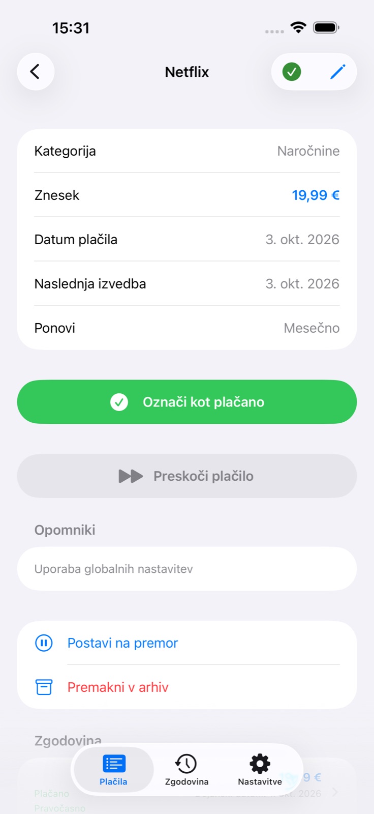 Podrobnosti plačila