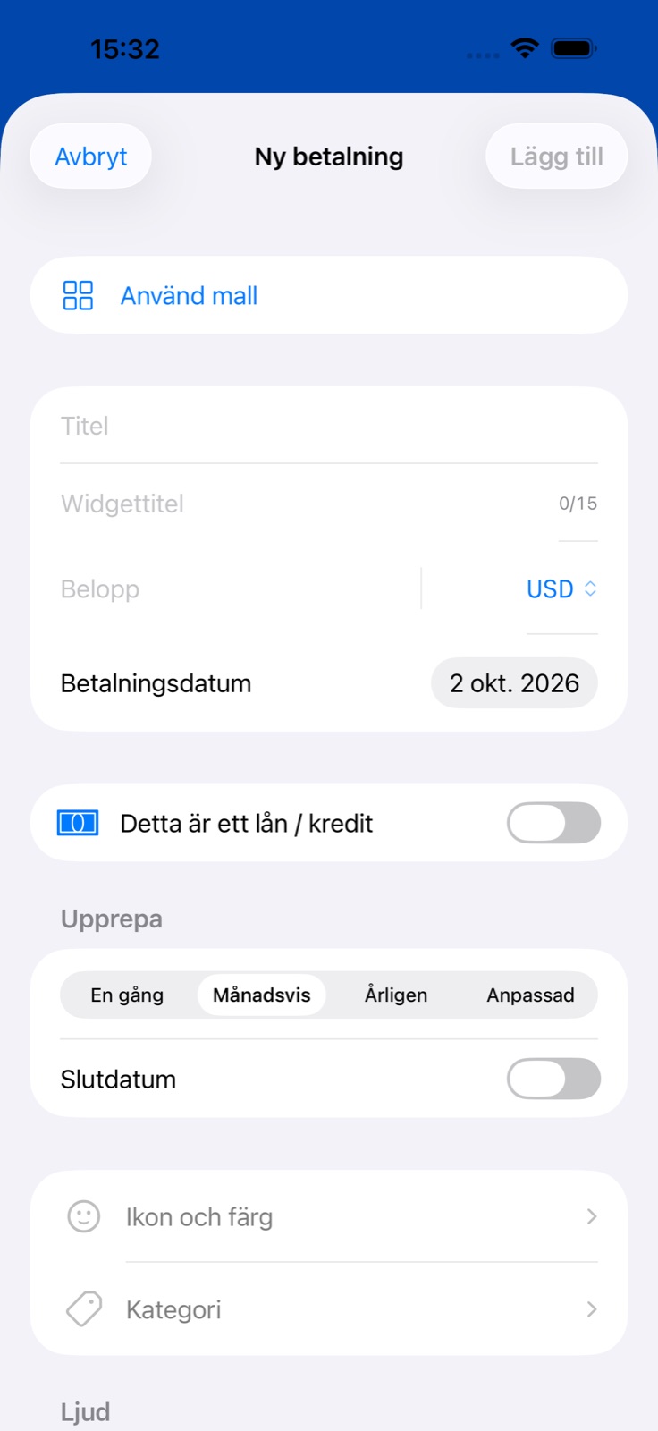 Skärmen Lägg till betalning i BillsOn