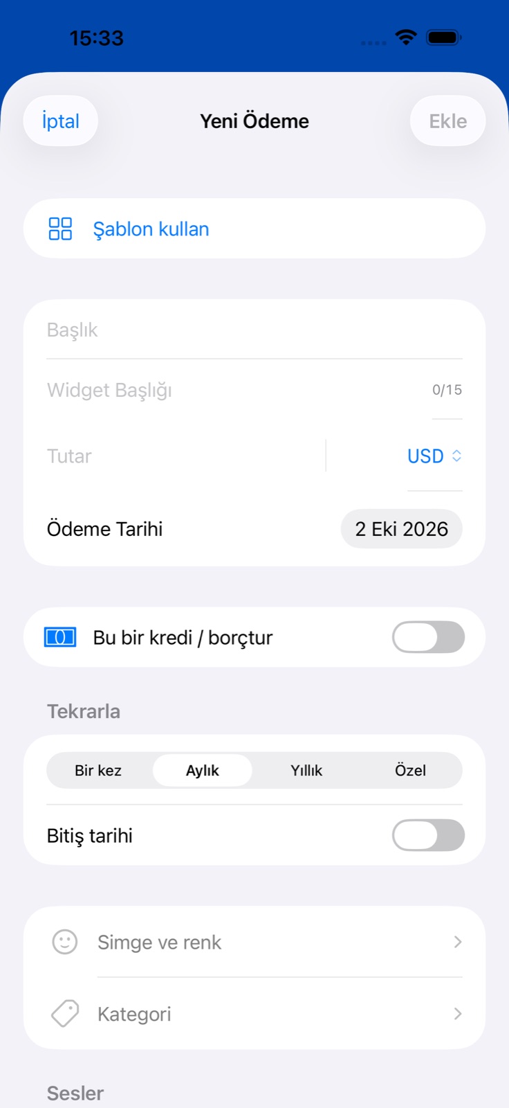 BillsOn Ödeme Ekle ekranı
