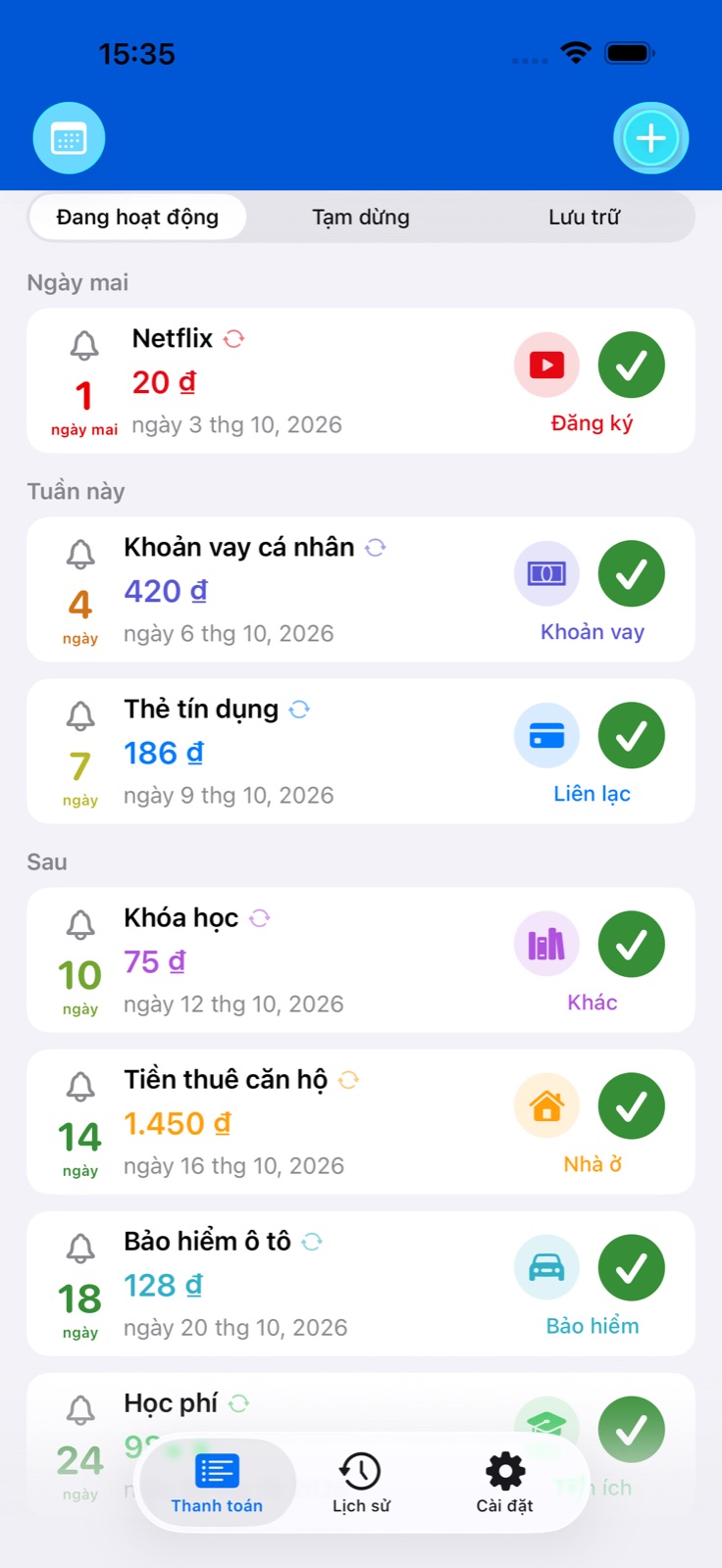 Nhắc lịch thanh toán BillsOn