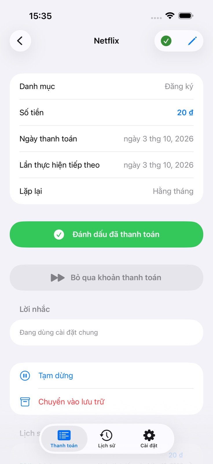 Chi tiết thanh toán