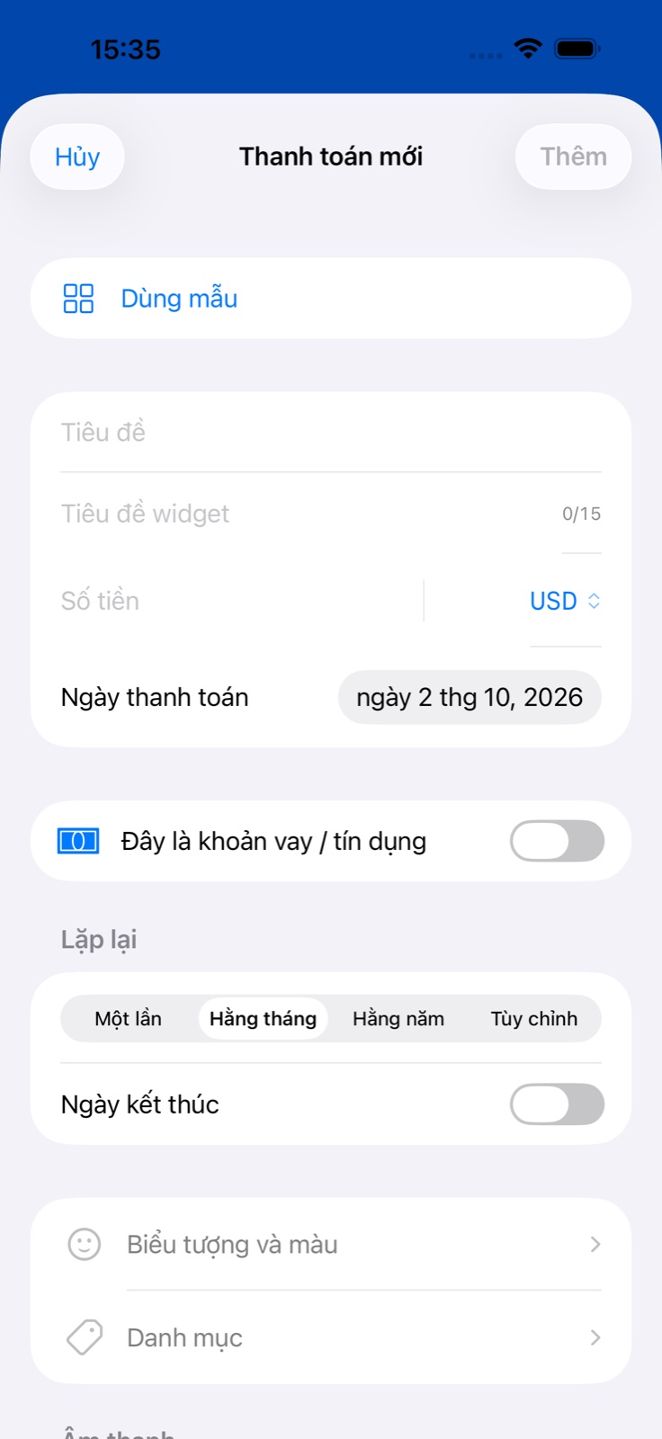 Màn hình Thêm thanh toán của BillsOn
